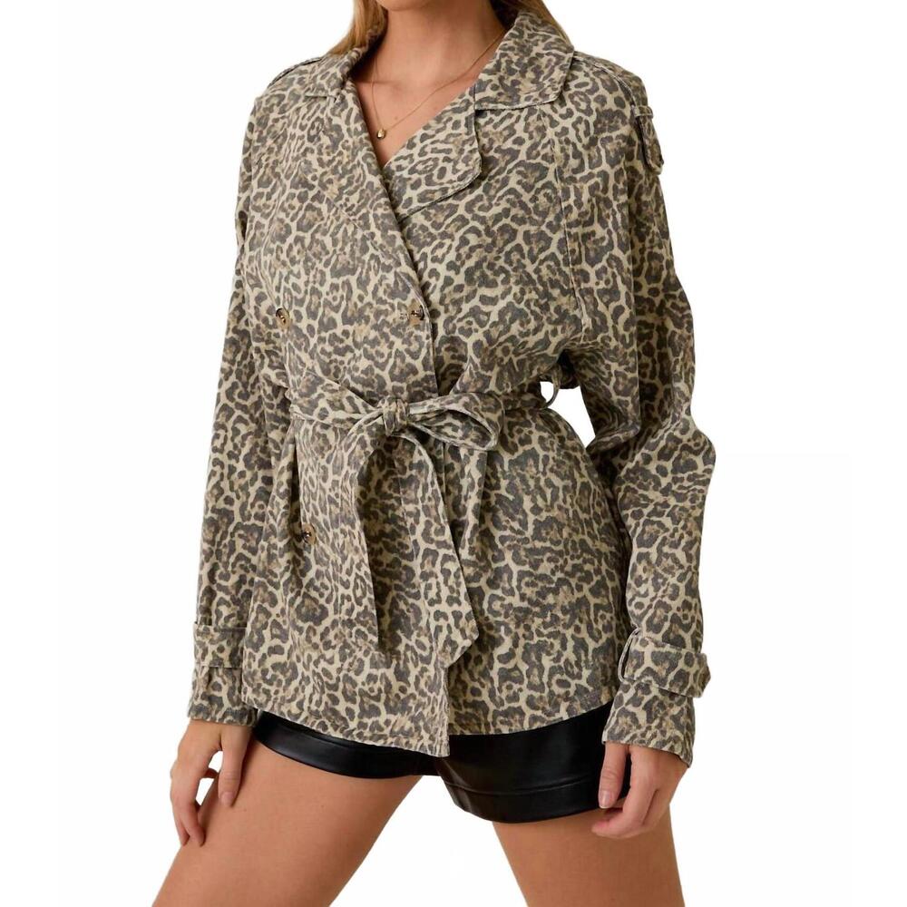 NEW SUNDAY EDITION leopard printed double breasted short trench coat in cream-ch